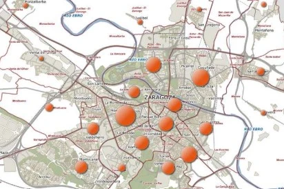 Un mapa de la ciudad de Zaragoza con indicadores